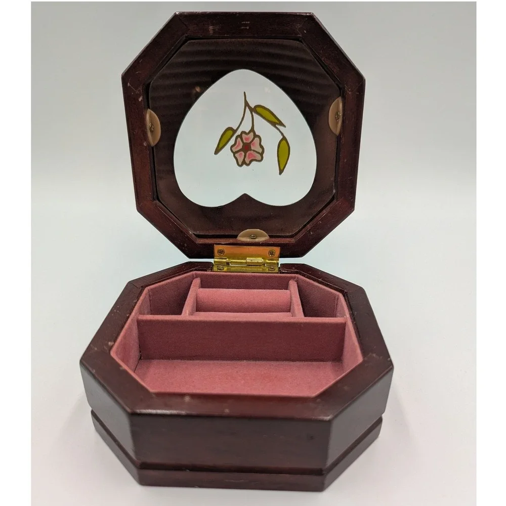 Unbranded Jewelry Box Brown Wood Heart Glass Floral Octagon Trinket Case Small
